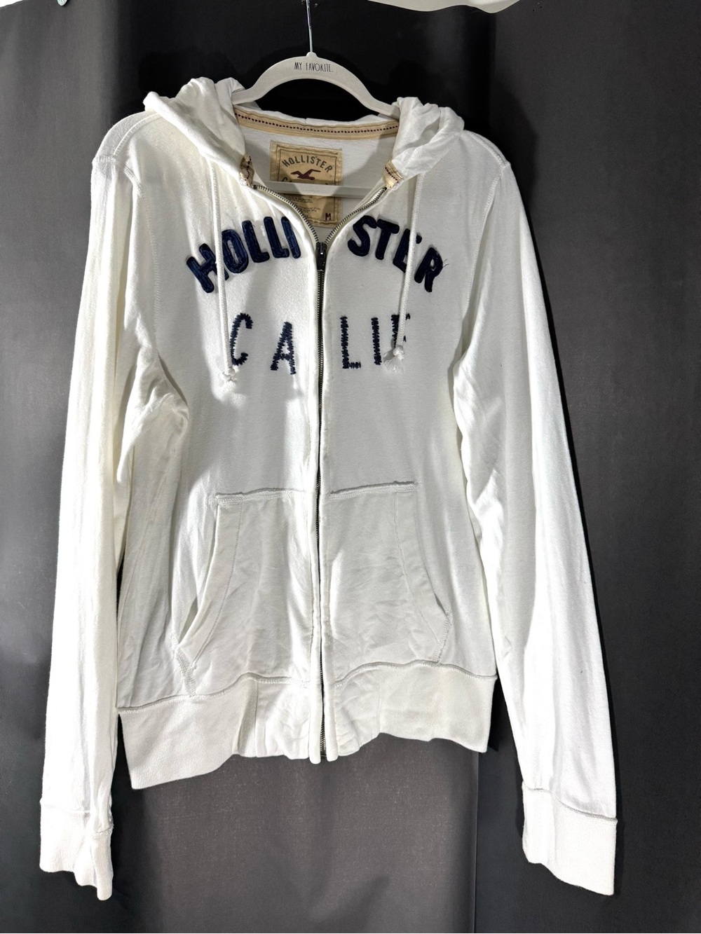 Hollister men’s White Y2K Full Zip hoodie Navy 3D logo Calif